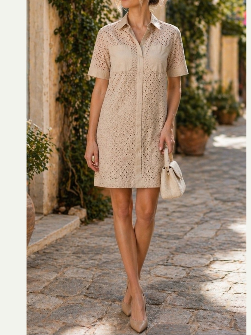 Ellie Tahari Khaki Eyelet Shirt Dress Size Medium